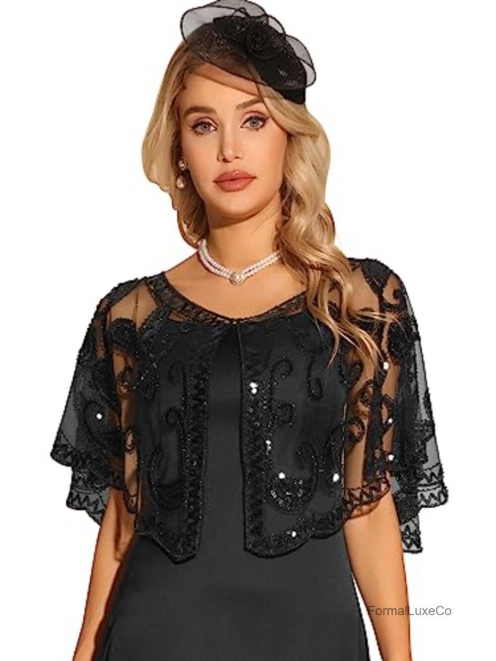 1920s Shawl Wrap Sequin Beaded Chiffon Evening Cape Flapper Bolero